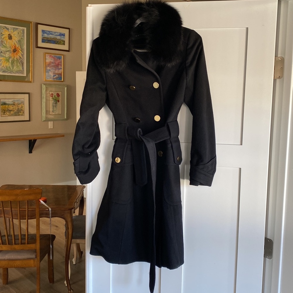 Elie Tahari Double Breasted Wool and Fox Trim Coat